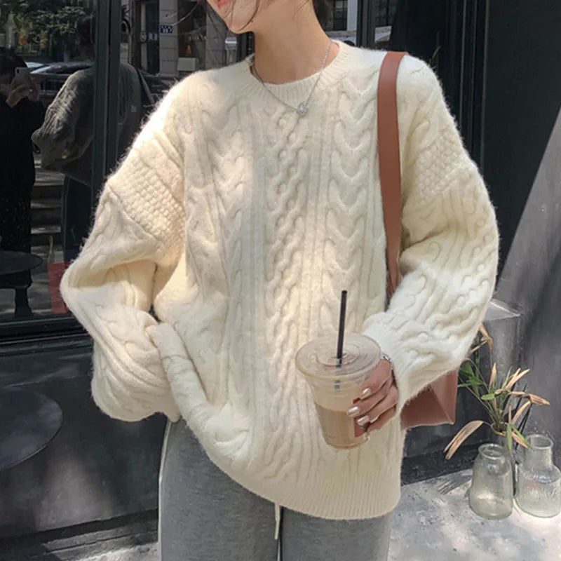 Autumn Winter Thicken Warm Pullover Sweater Women Vintage Loose Twist Knitted Jumper Woman All-Match O-Neck Long Sleeve Pullover