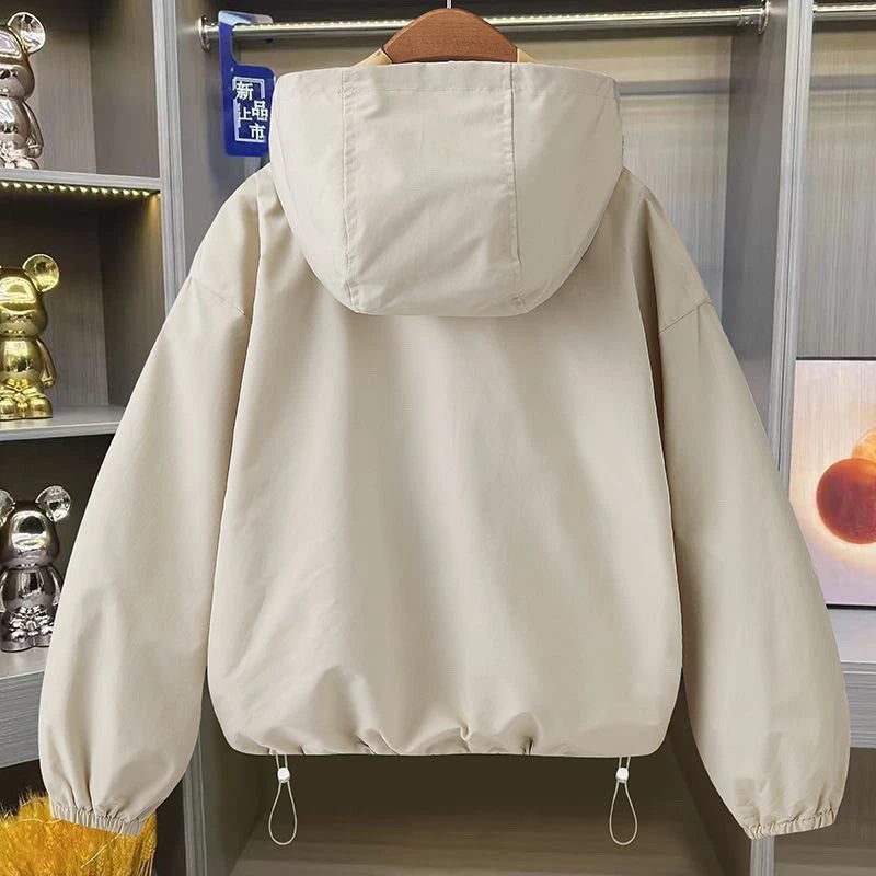 2026 Autumn Women's Coat Hooded Jacket Long Sleeve Zipper Pockets Casual Windbreaker Basic Jackets Outerwear Splicing Hooded E25